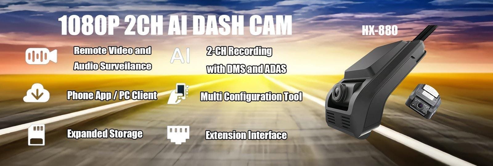 1080P 2-channel AI dash camera with DMS and ADAS, featuring remote video surveillance and extended storage