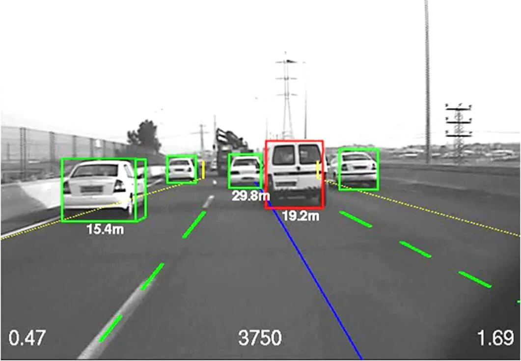 Road view with multiple vehicles detected using AI-based distance and lane tracking.