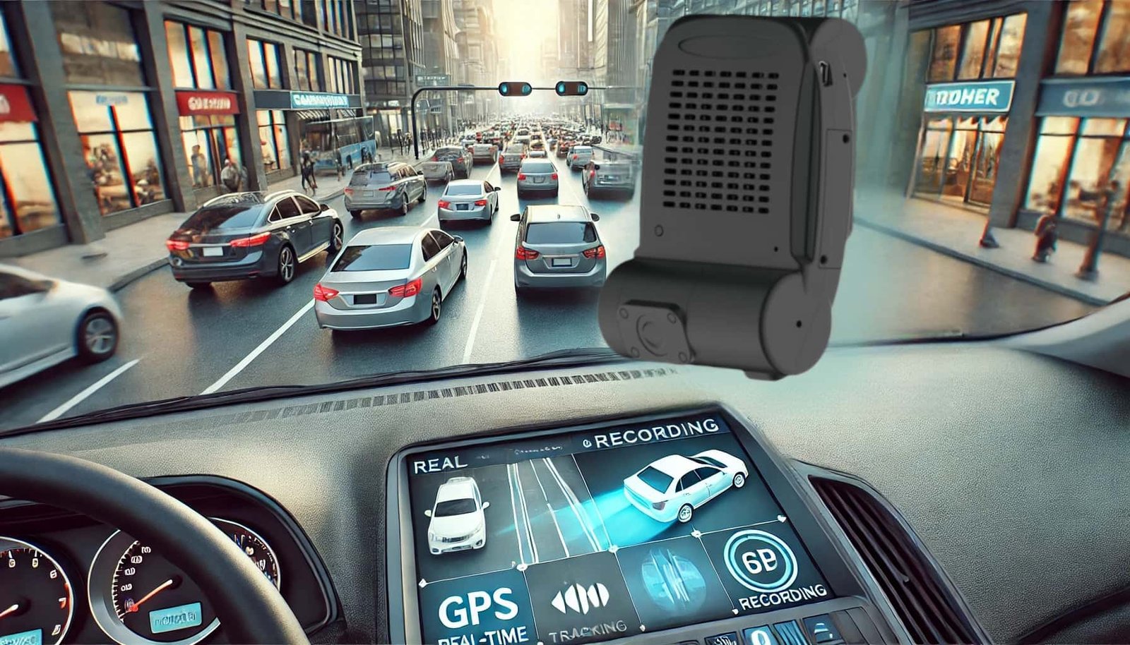 A realistic blog illustration featuring a modern car camcorder system. The image displays a high-definition camcorder mounted on a car's windshield